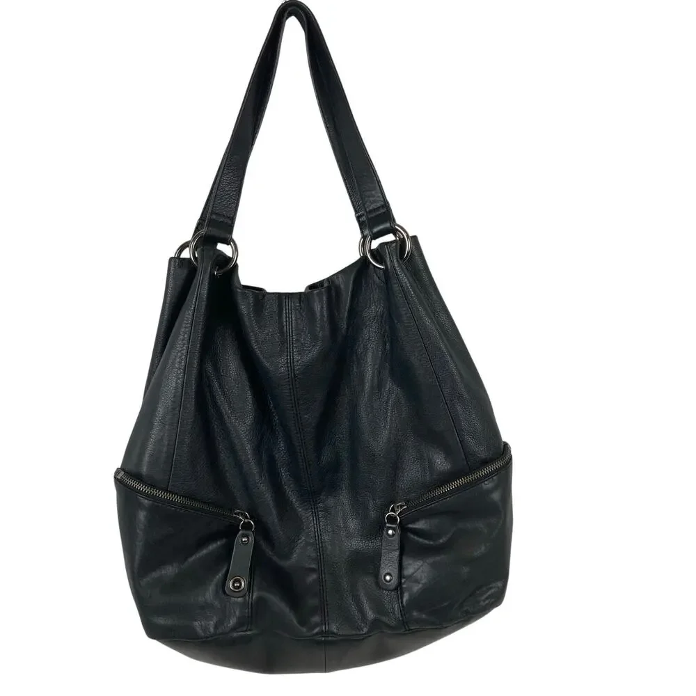 Kenneth Cole Reaction Slouchy Leather Shoulder Bag Zip Black Hobo Y2K Chic Urban